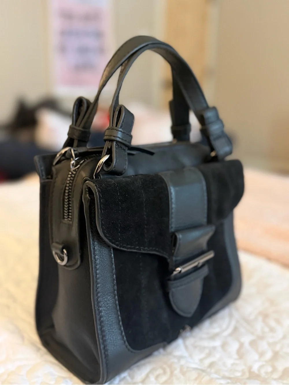 Black Suede Genuine Leather Bag with Black Rhodium Chain